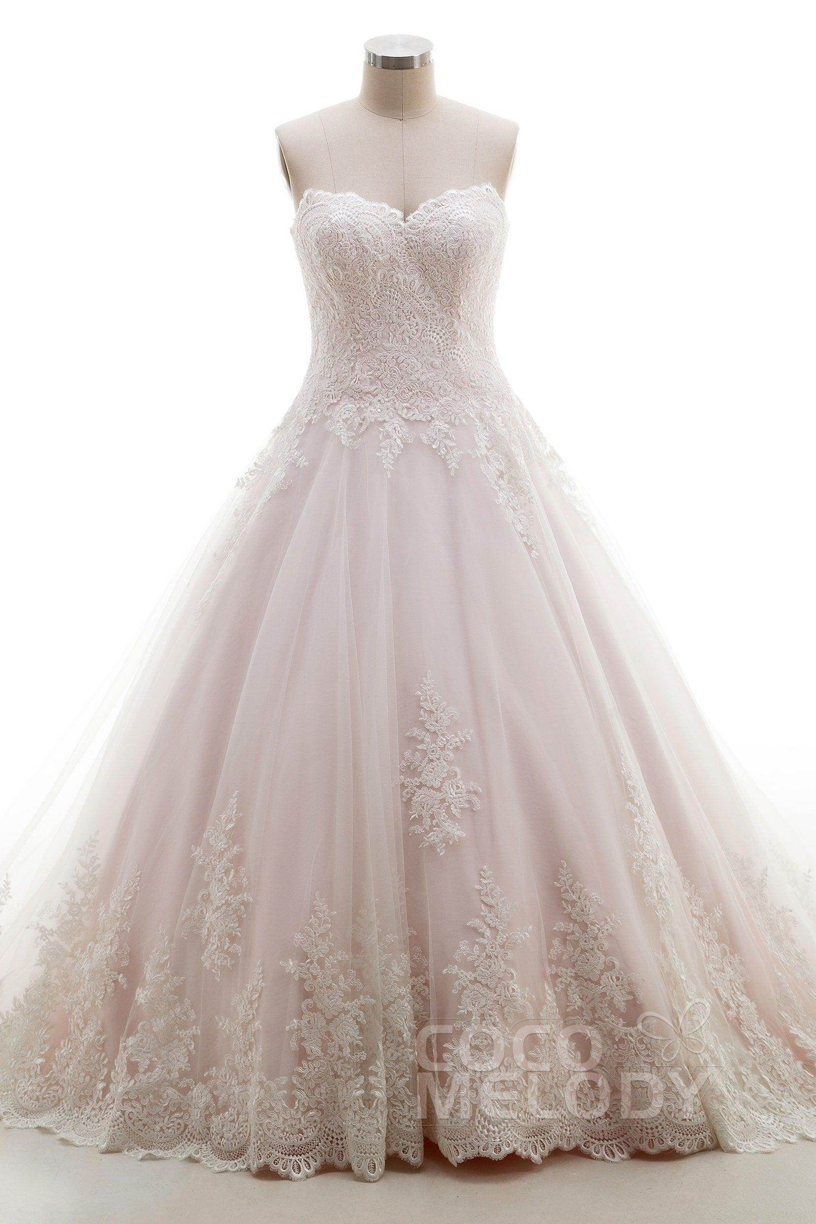 A-Line Sweep-Brush Train Tulle Lace Wedding Dress B14A0052 - COCOMELODY